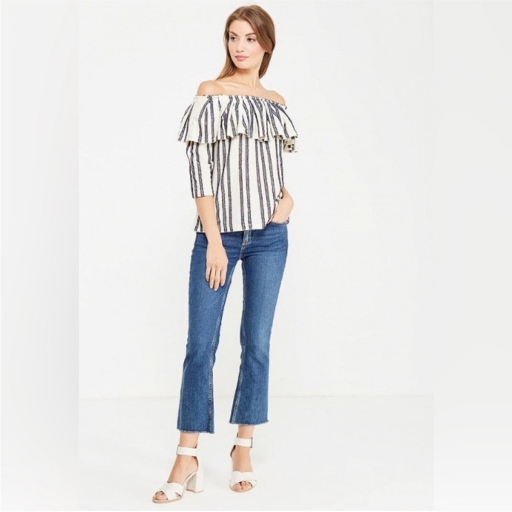 Banana Republic Off the Shoulder Striped Top Size Small Boho Fall Stretch Blue - Picture 2 of 16